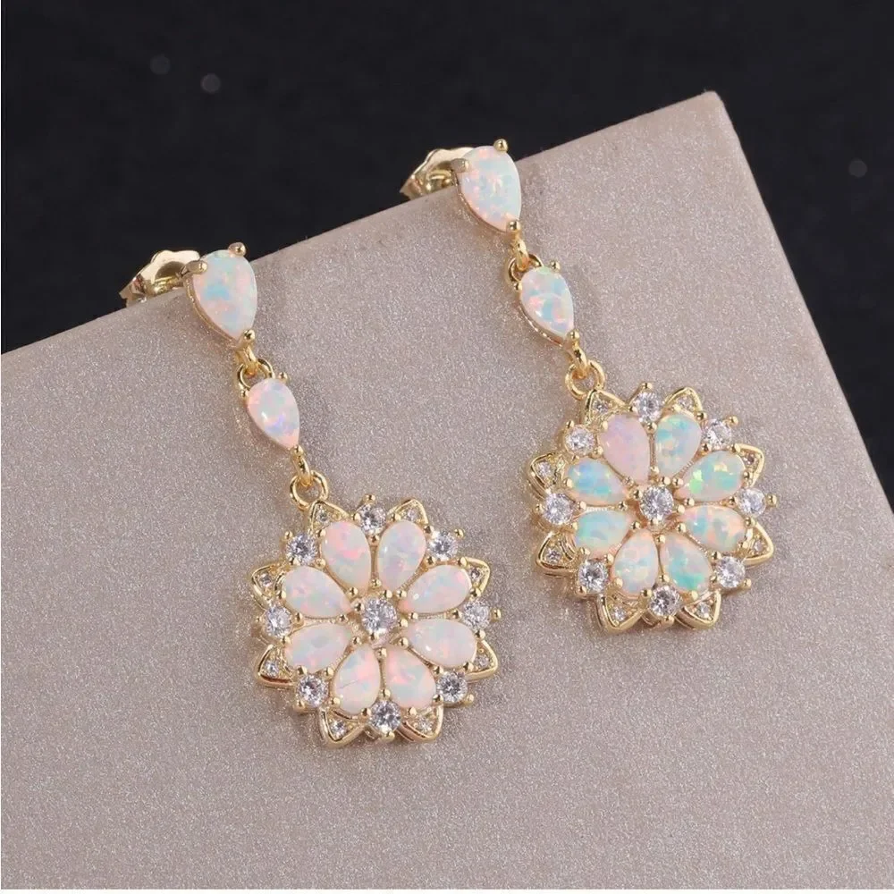 18K Yellow Gold 925 Sterling Silver with White Fire Opal and CZ Flower Earrings